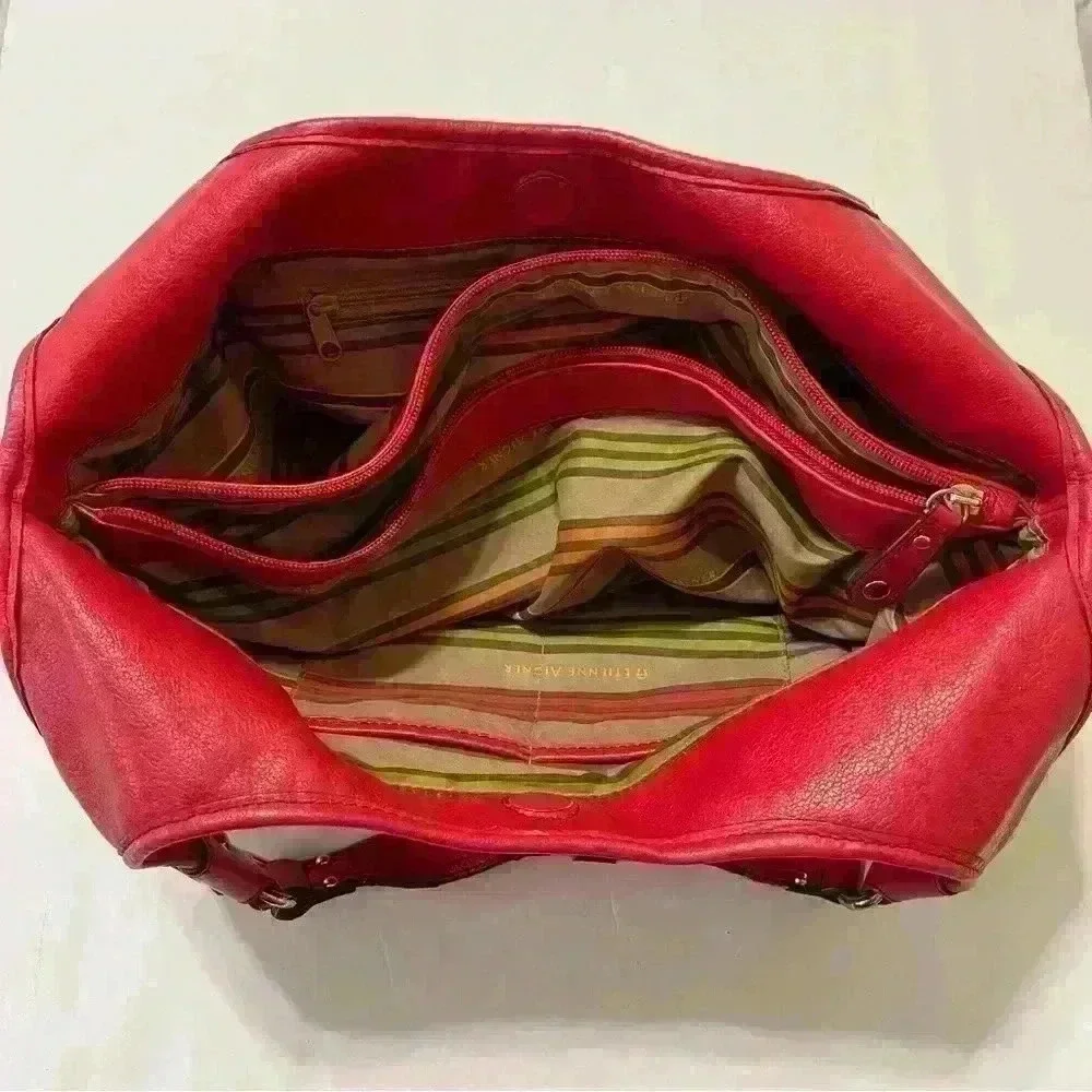 Etienne Aigner Red Genuine Leather Handbag Pockets Zip Around Boho Outdoor